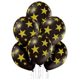 Arany Csillag Mintás Fekete lufi (28 cm, latex)