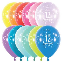 Boldog 12. Szülinapot szines lufi (28 cm, latex)