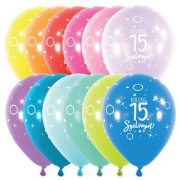 Boldog 15. Szülinapot szines lufi (28 cm, latex)