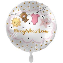 Babaszületésre - Megérkeztem Feliratú Lányos - Rózsaszín lufi (46 cm, fólia)
